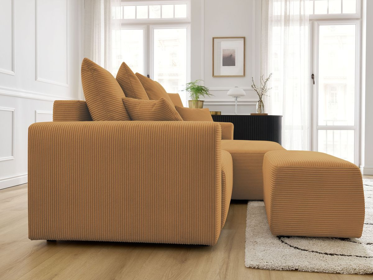 Canapé d'angle convertible coffre ATILLA velours côtelé avec pouf
