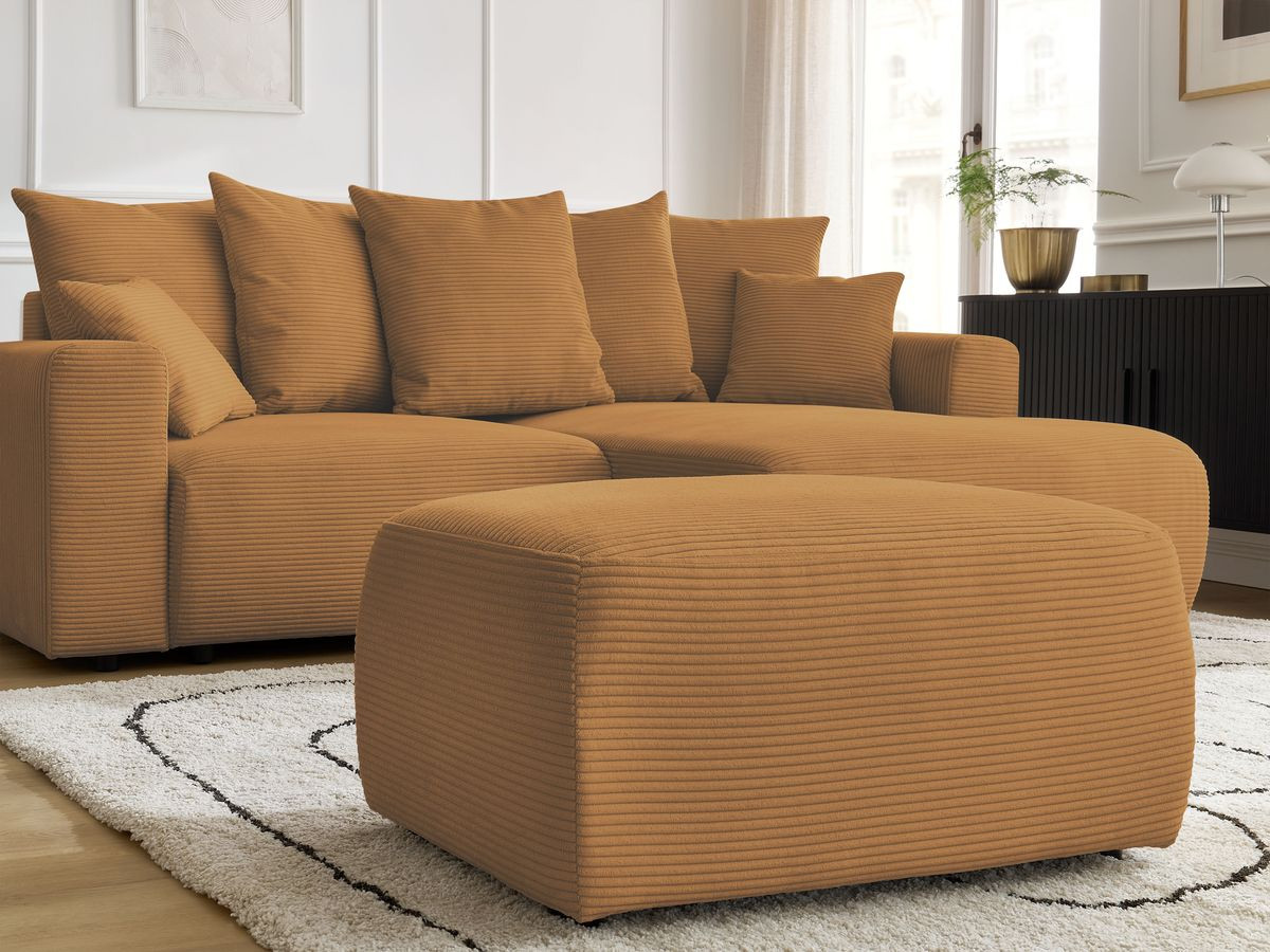Canapé d'angle convertible coffre ATILLA velours côtelé avec pouf
