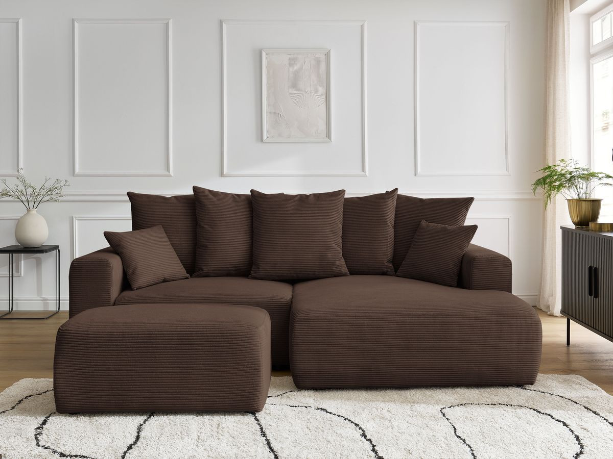 Canapé d'angle convertible coffre ATILLA velours côtelé avec pouf marron — vue 5