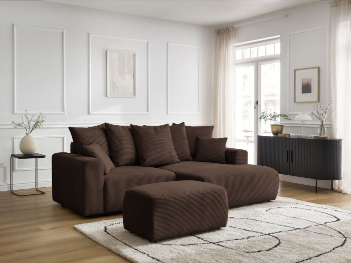 Canapé d'angle convertible coffre ATILLA velours côtelé avec pouf