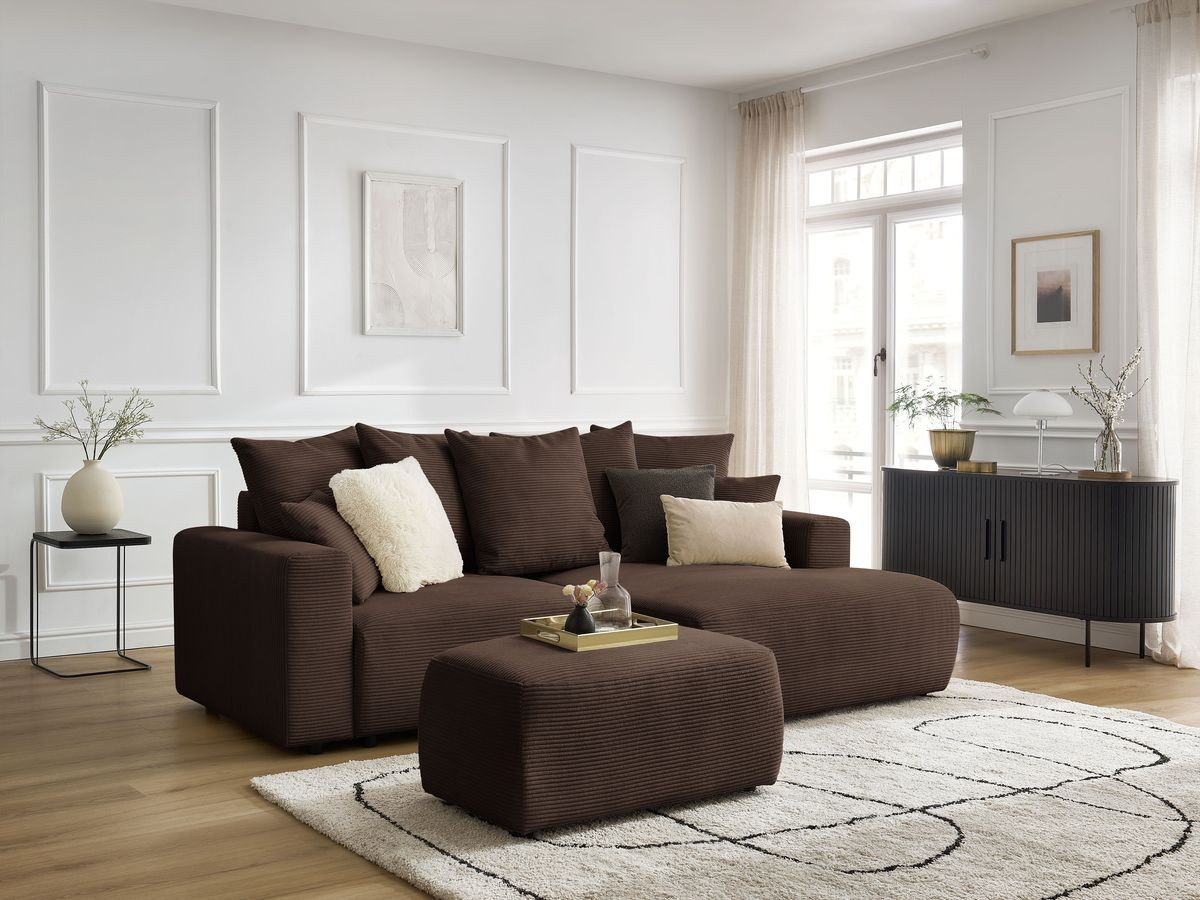 Canapé d'angle convertible coffre ATILLA velours côtelé avec pouf
