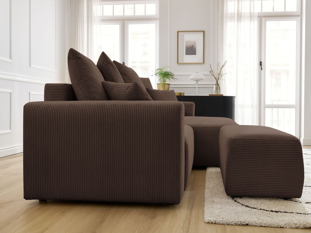 Canapé d'angle convertible coffre ATILLA velours côtelé avec pouf
