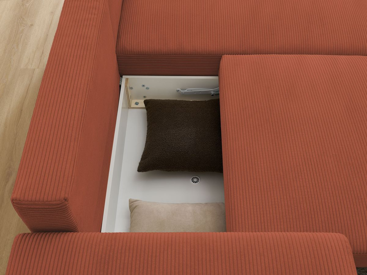 Canapé d'angle convertible coffre ATILLA velours côtelé avec pouf