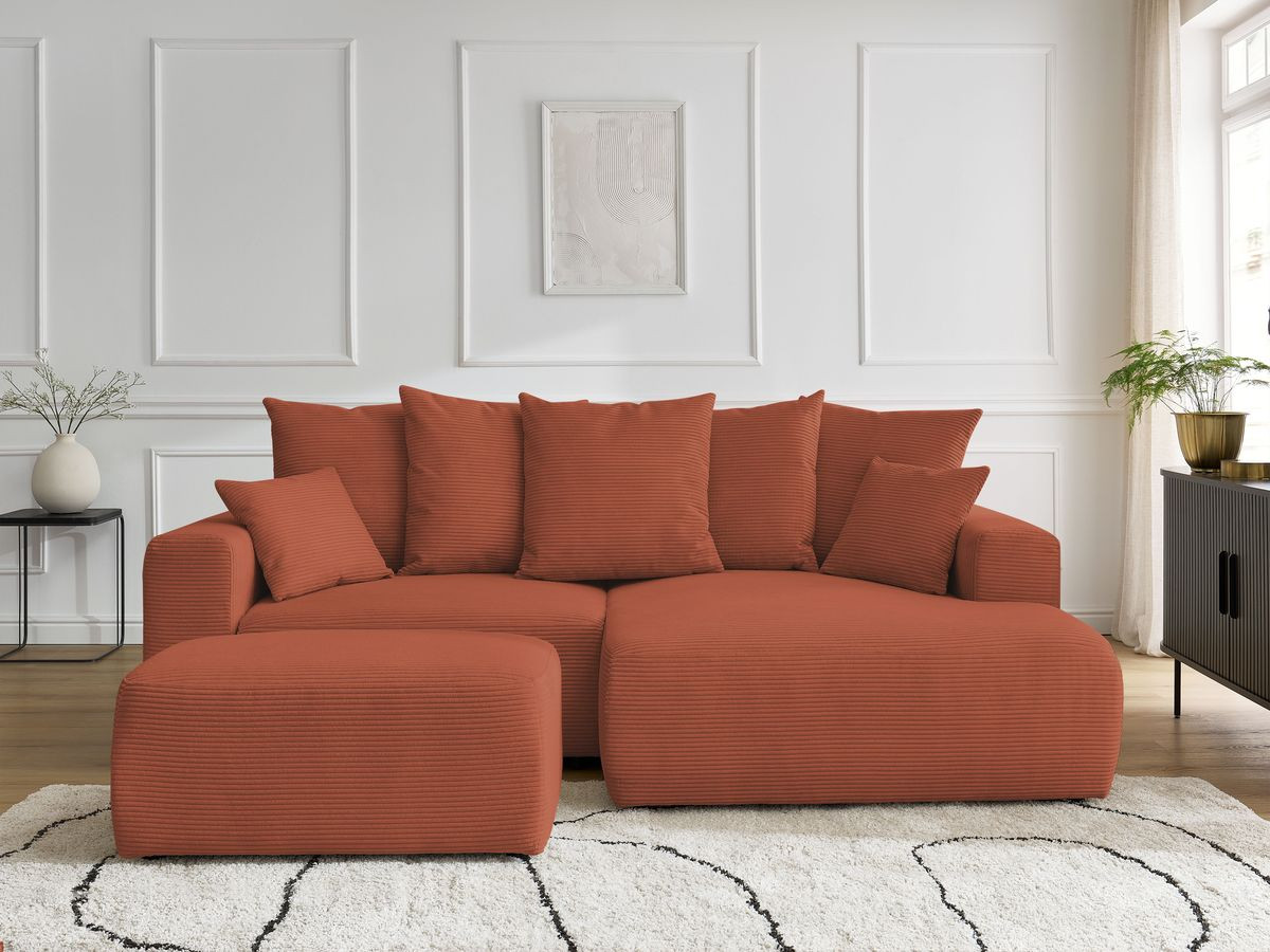 Canapé d'angle convertible coffre ATILLA velours côtelé avec pouf orange — vue 5