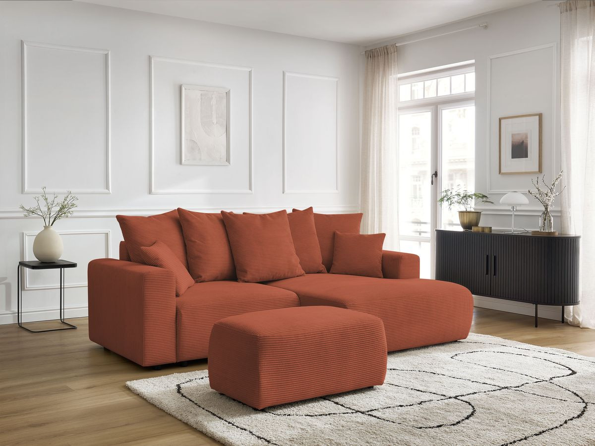 Canapé d'angle convertible coffre ATILLA velours côtelé avec pouf