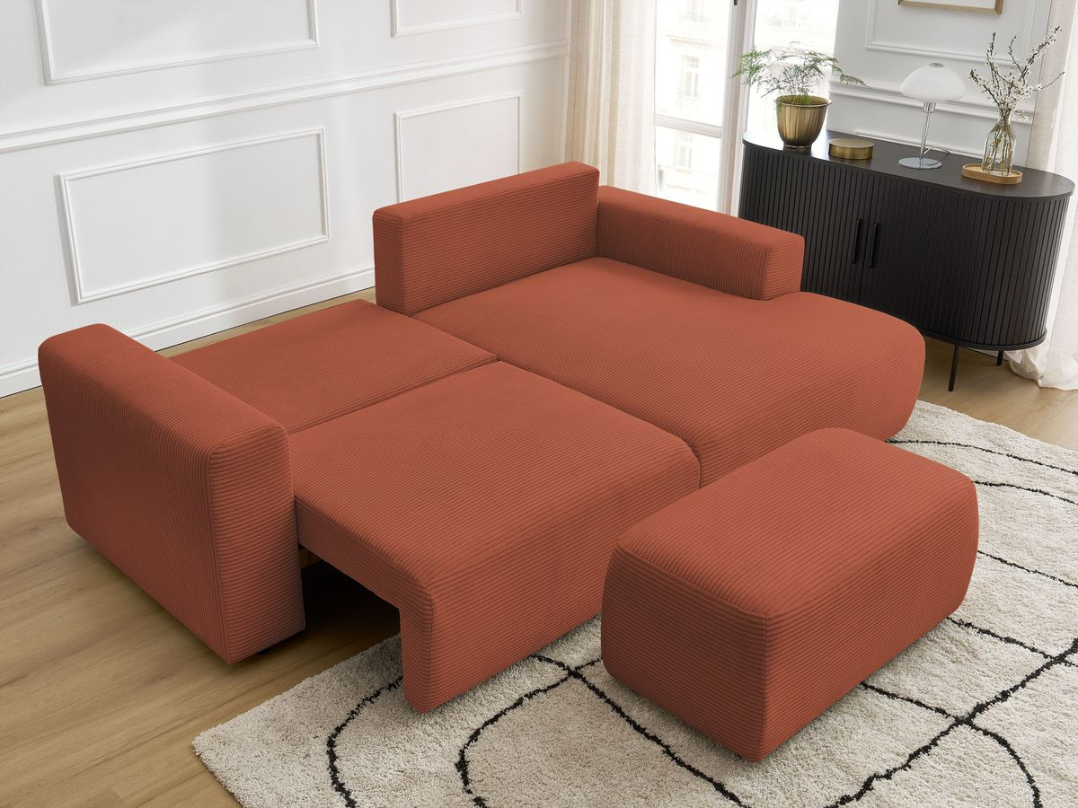 Canapé d'angle convertible coffre ATILLA velours côtelé avec pouf