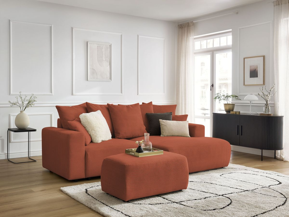 Canapé d'angle convertible coffre ATILLA velours côtelé avec pouf