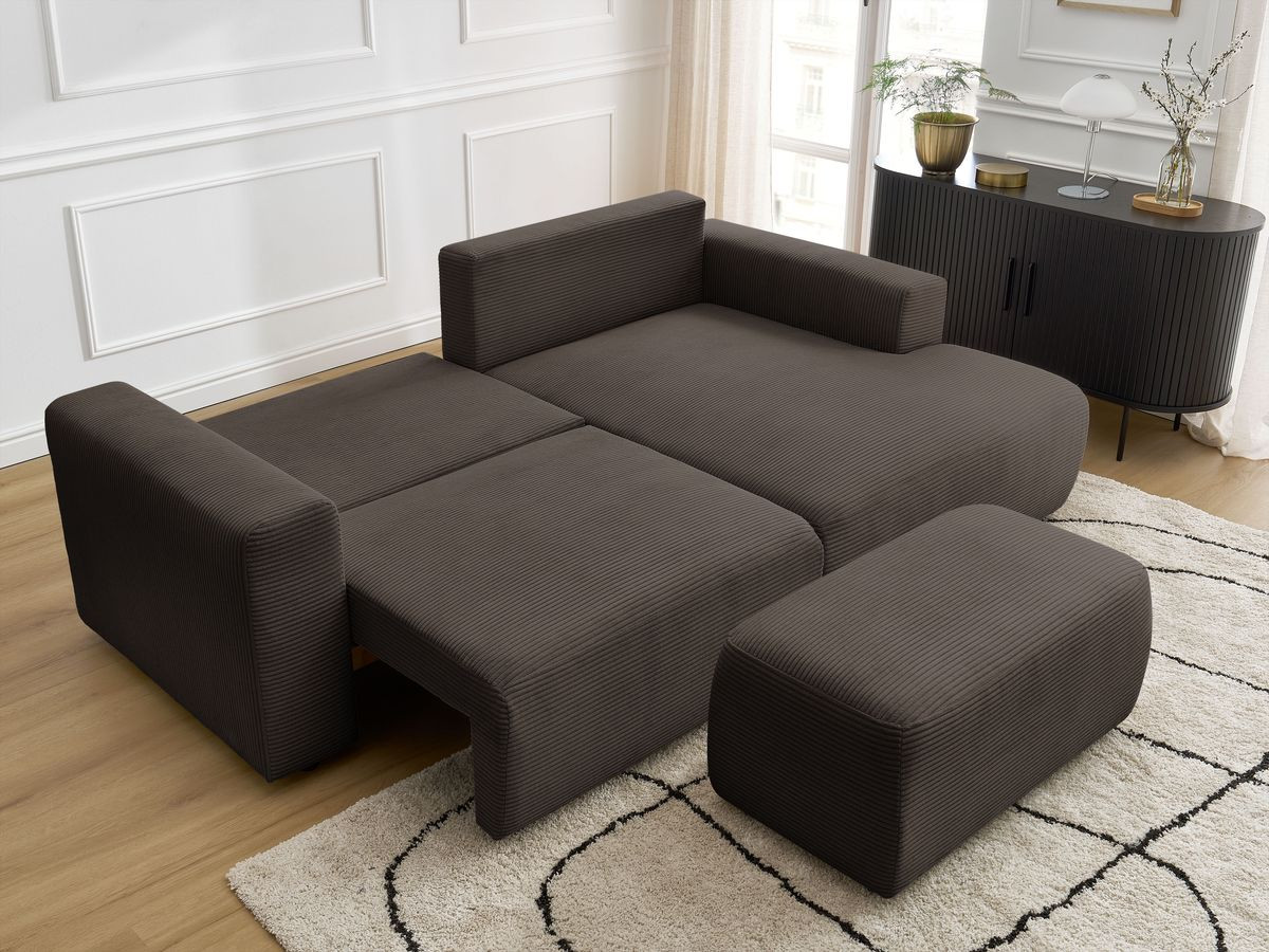 Canapé d'angle convertible coffre ATILLA velours côtelé avec pouf