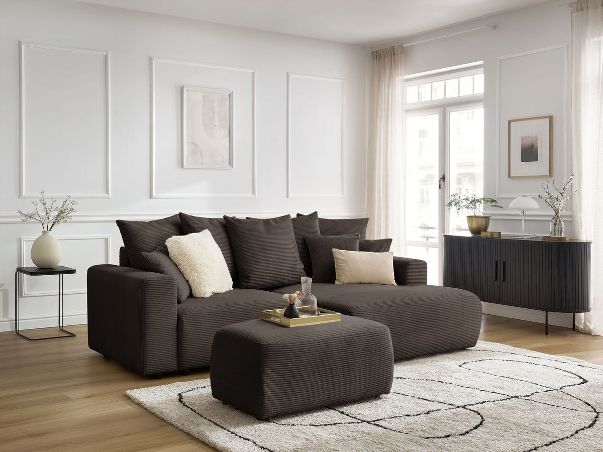 Canapé d'angle convertible coffre ATILLA velours côtelé avec pouf