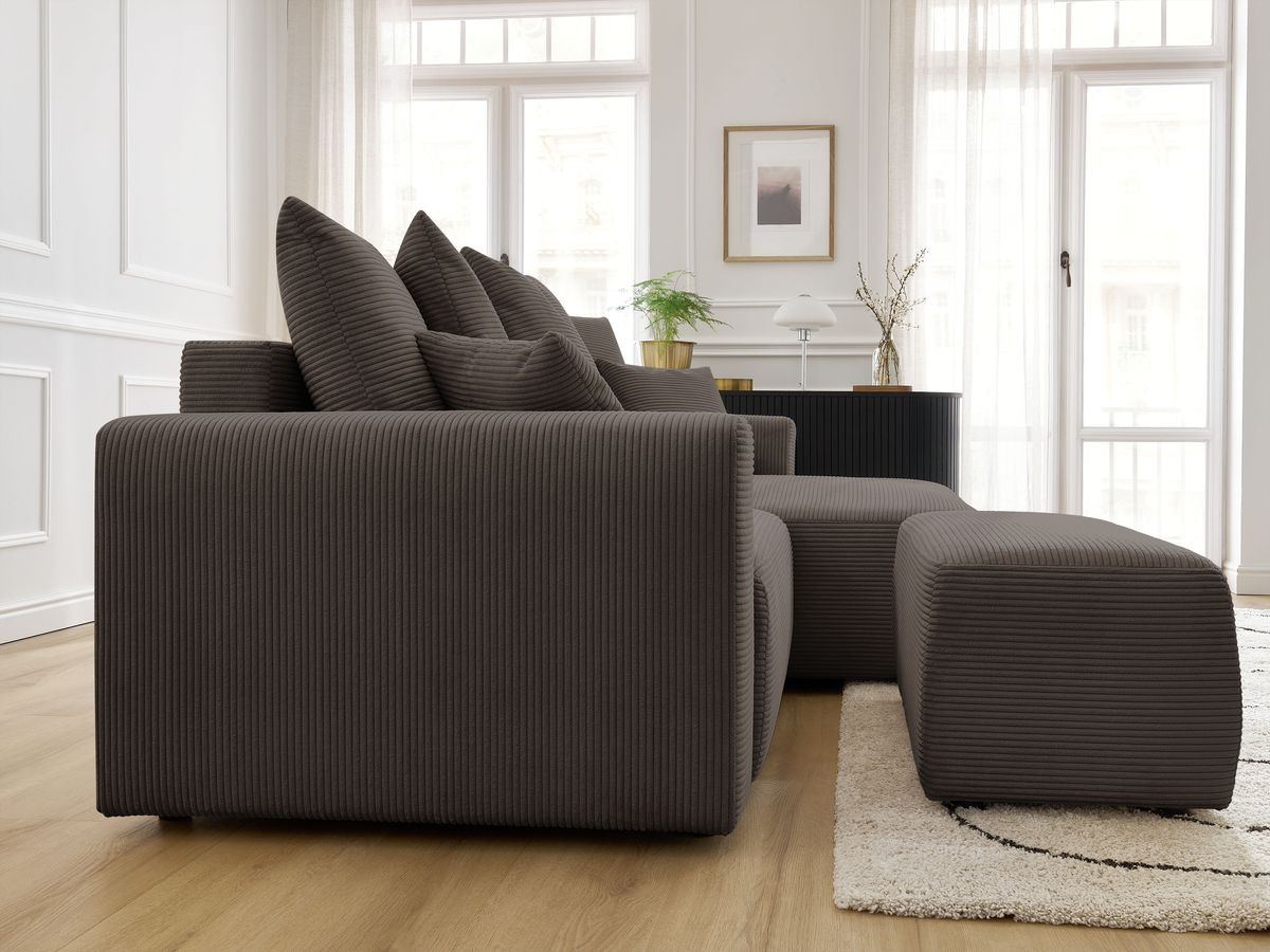 Canapé d'angle convertible coffre ATILLA velours côtelé avec pouf