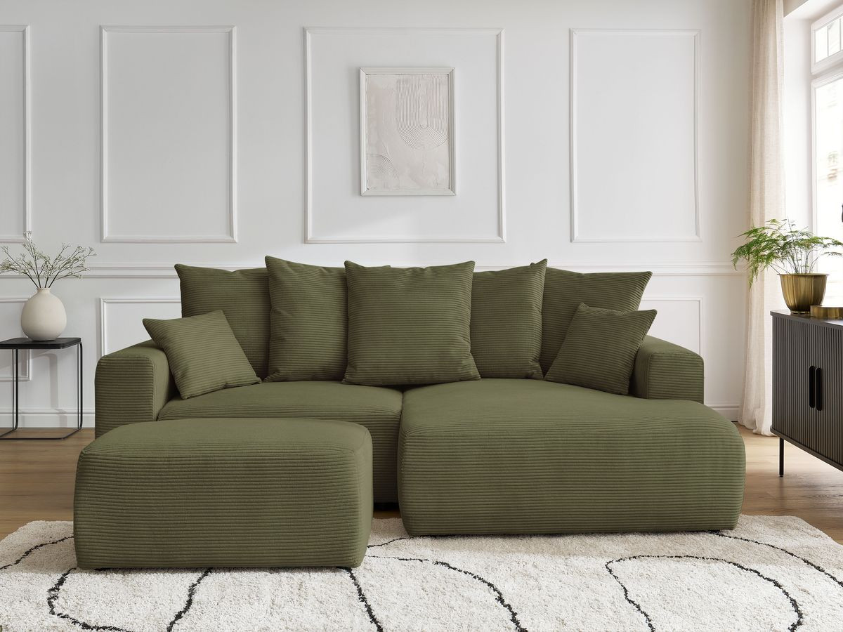 Canapé d'angle convertible coffre ATILLA velours côtelé avec pouf vert clair — vue 5