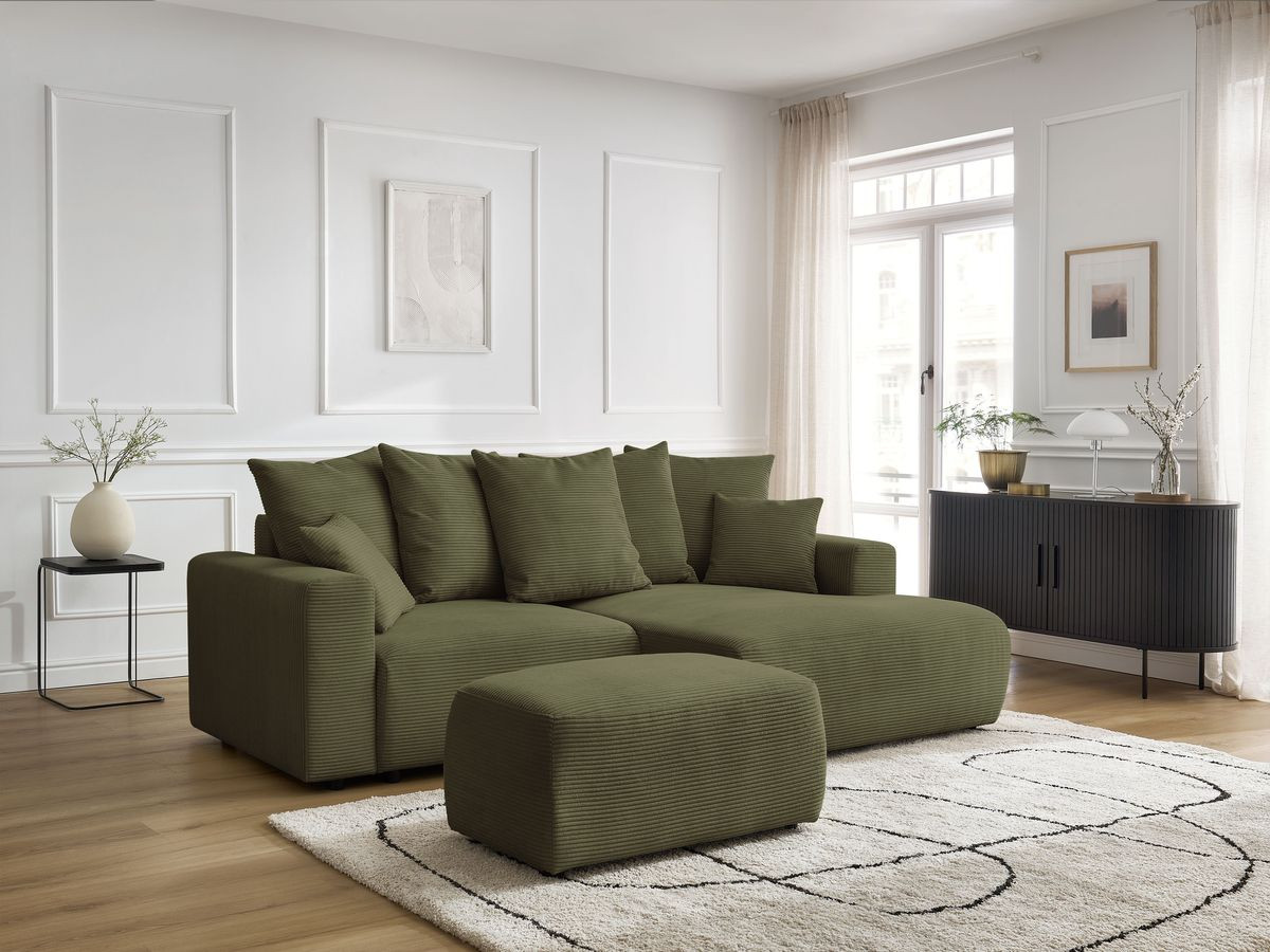 Canapé d'angle convertible coffre ATILLA velours côtelé avec pouf