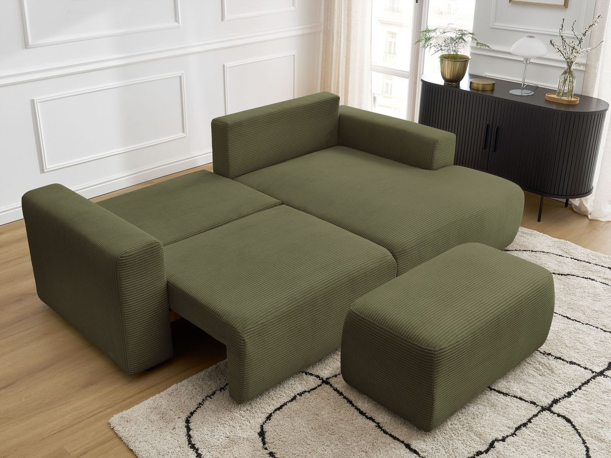 Canapé d'angle convertible coffre ATILLA velours côtelé avec pouf