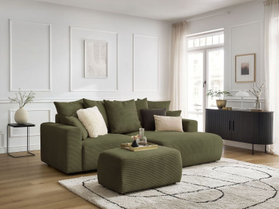 Canapé d'angle convertible coffre ATILLA velours côtelé avec pouf
