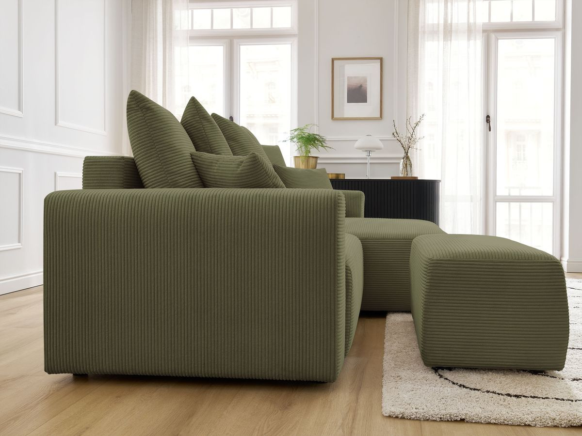 Canapé d'angle convertible coffre ATILLA velours côtelé avec pouf