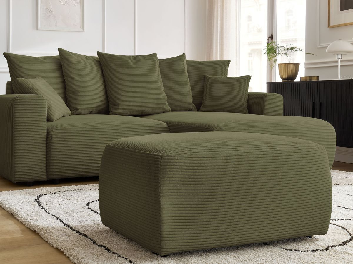 Canapé d'angle convertible coffre ATILLA velours côtelé avec pouf