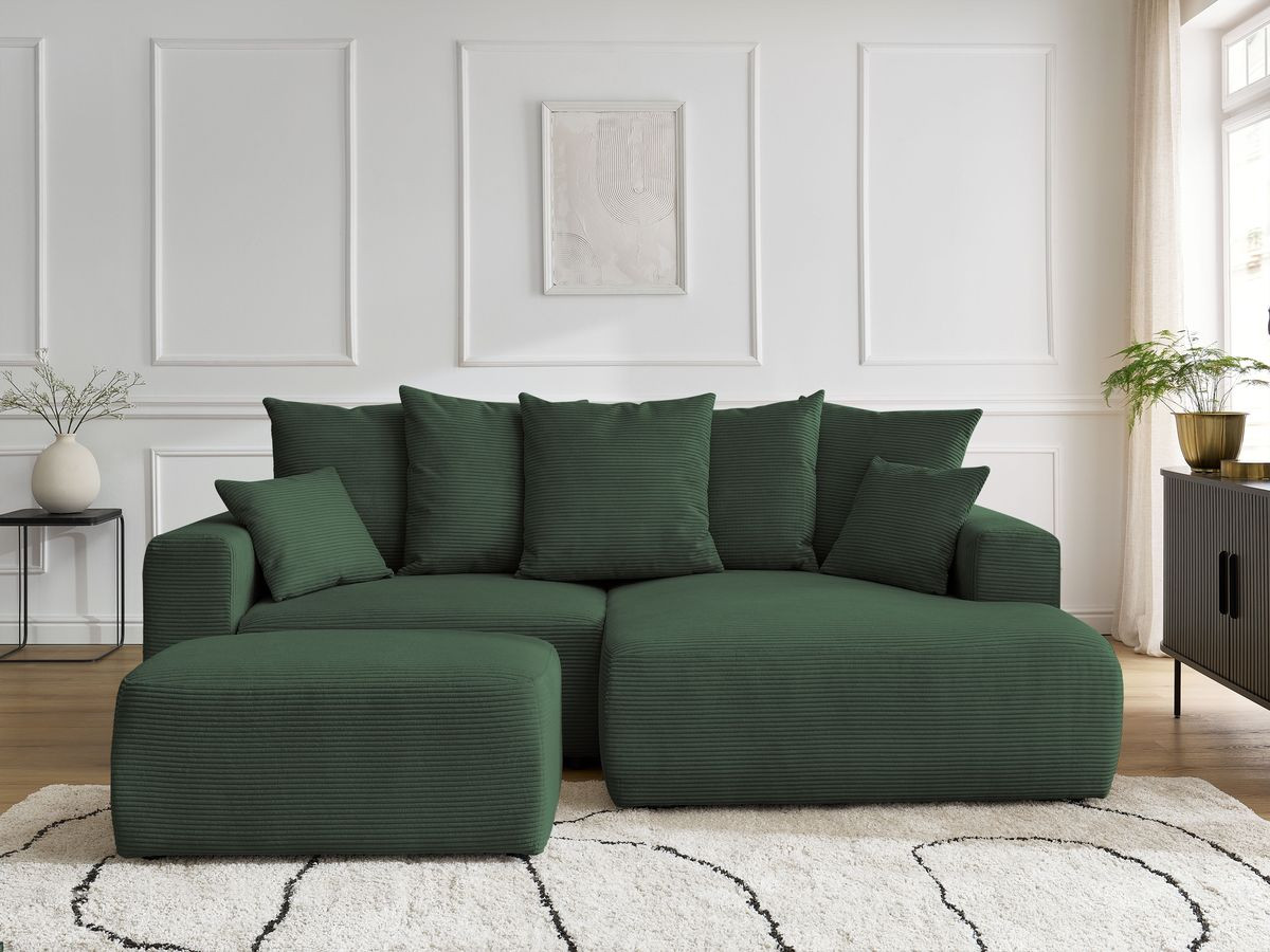Canapé d'angle convertible coffre ATILLA velours côtelé avec pouf vert foncé — vue 5