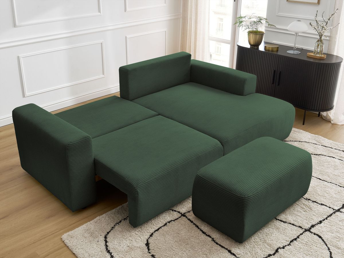 Canapé d'angle convertible coffre ATILLA velours côtelé avec pouf