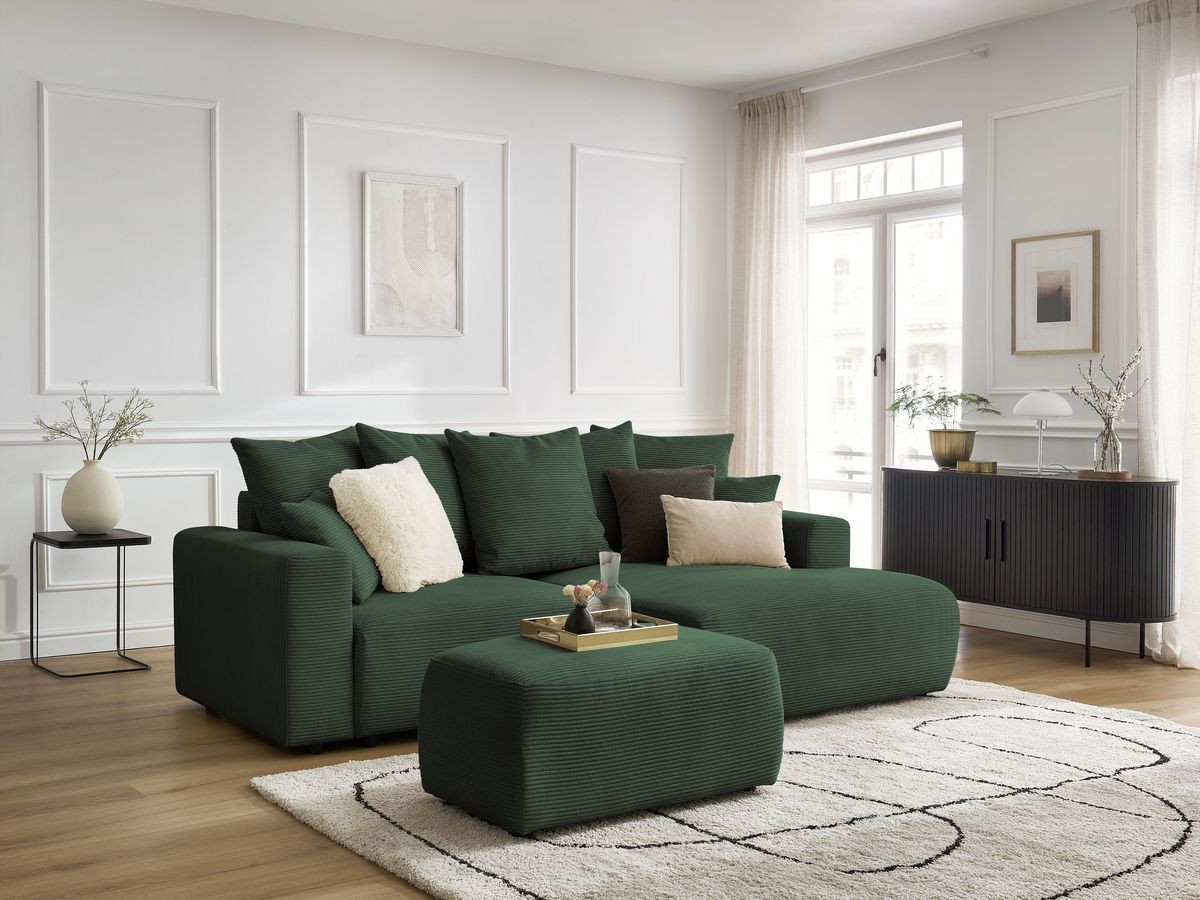 Canapé d'angle convertible coffre ATILLA velours côtelé avec pouf