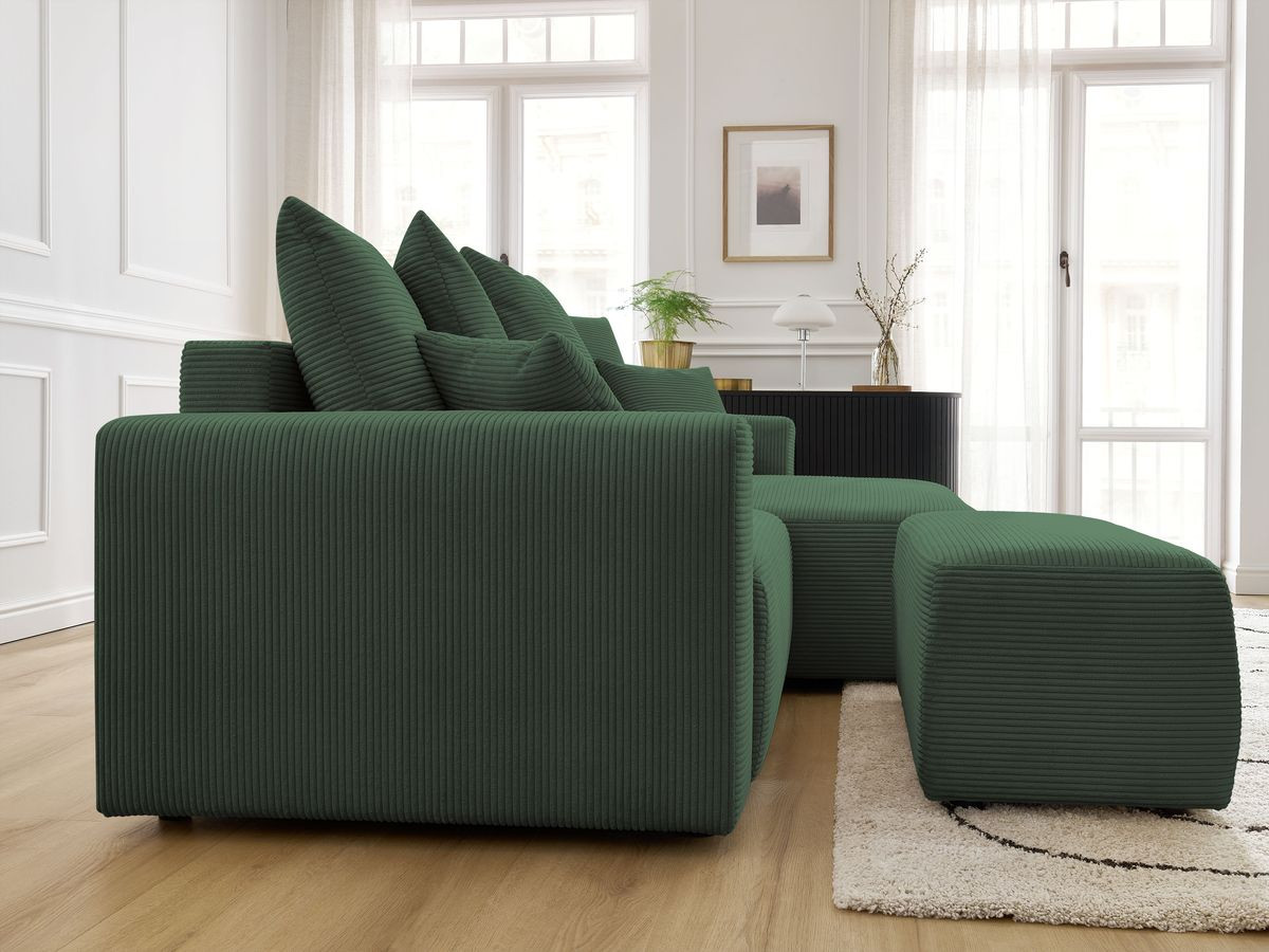 Canapé d'angle convertible coffre ATILLA velours côtelé avec pouf