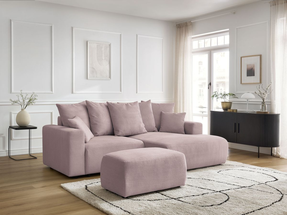 Canapé d'angle convertible coffre ATILLA velours côtelé avec pouf