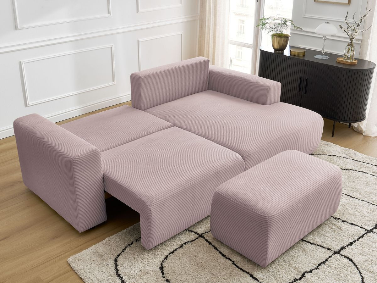 Canapé d'angle convertible coffre ATILLA velours côtelé avec pouf