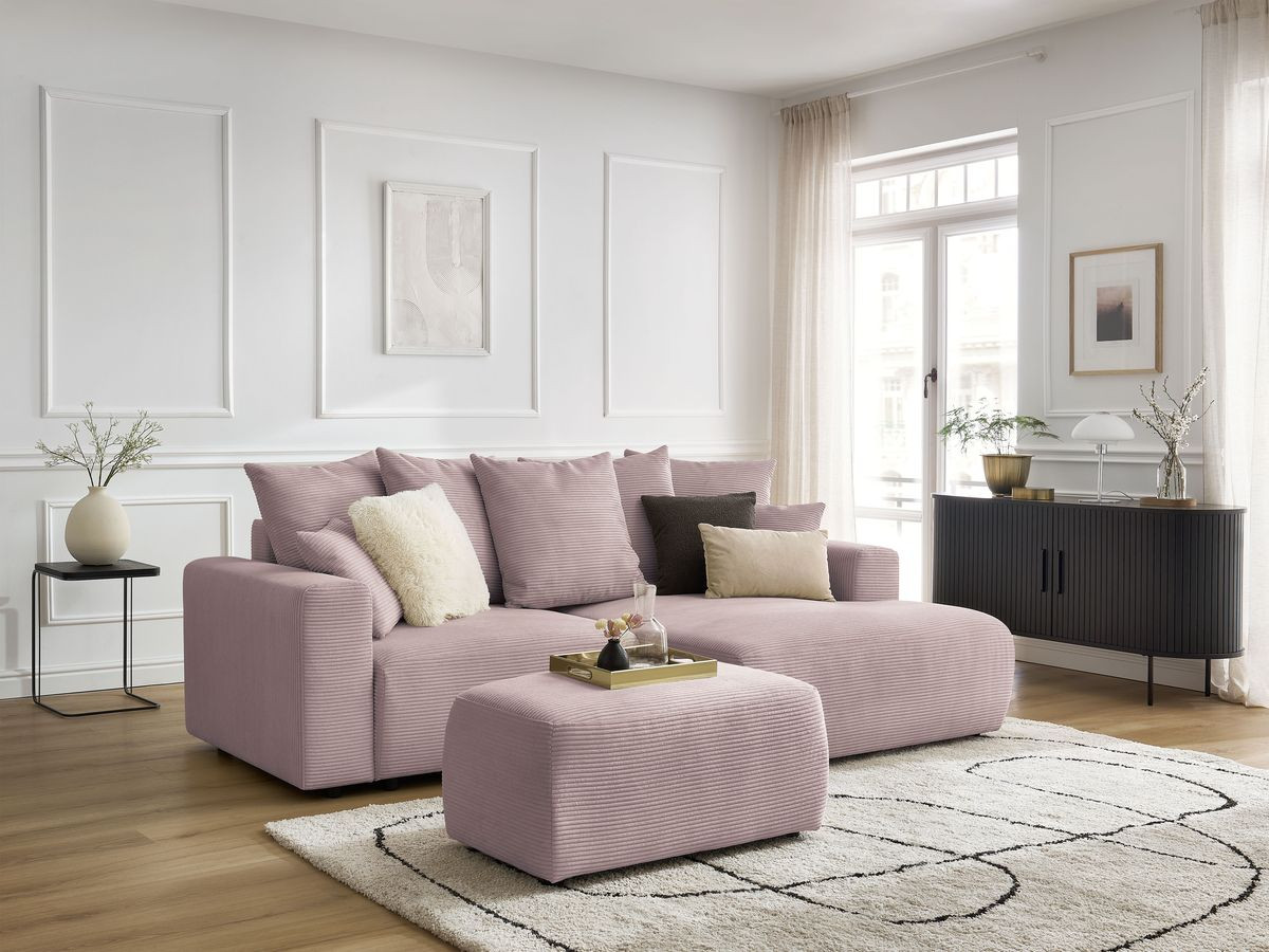 Canapé d'angle convertible coffre ATILLA velours côtelé avec pouf violet  angle droit BOBOCHIC 4 places