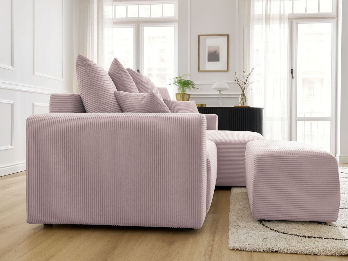 Canapé d'angle convertible coffre ATILLA velours côtelé avec pouf
