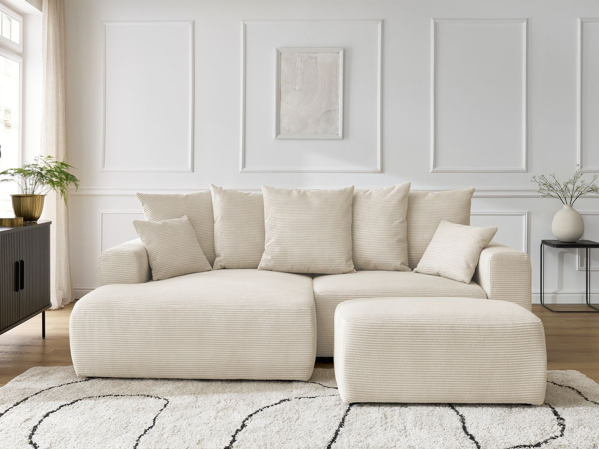 Canapé d'angle convertible coffre ATILLA velours côtelé avec pouf beige — vue 5