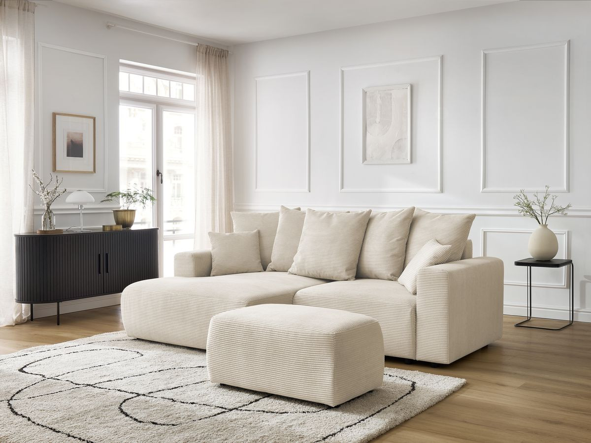 Canapé d'angle convertible coffre ATILLA velours côtelé avec pouf