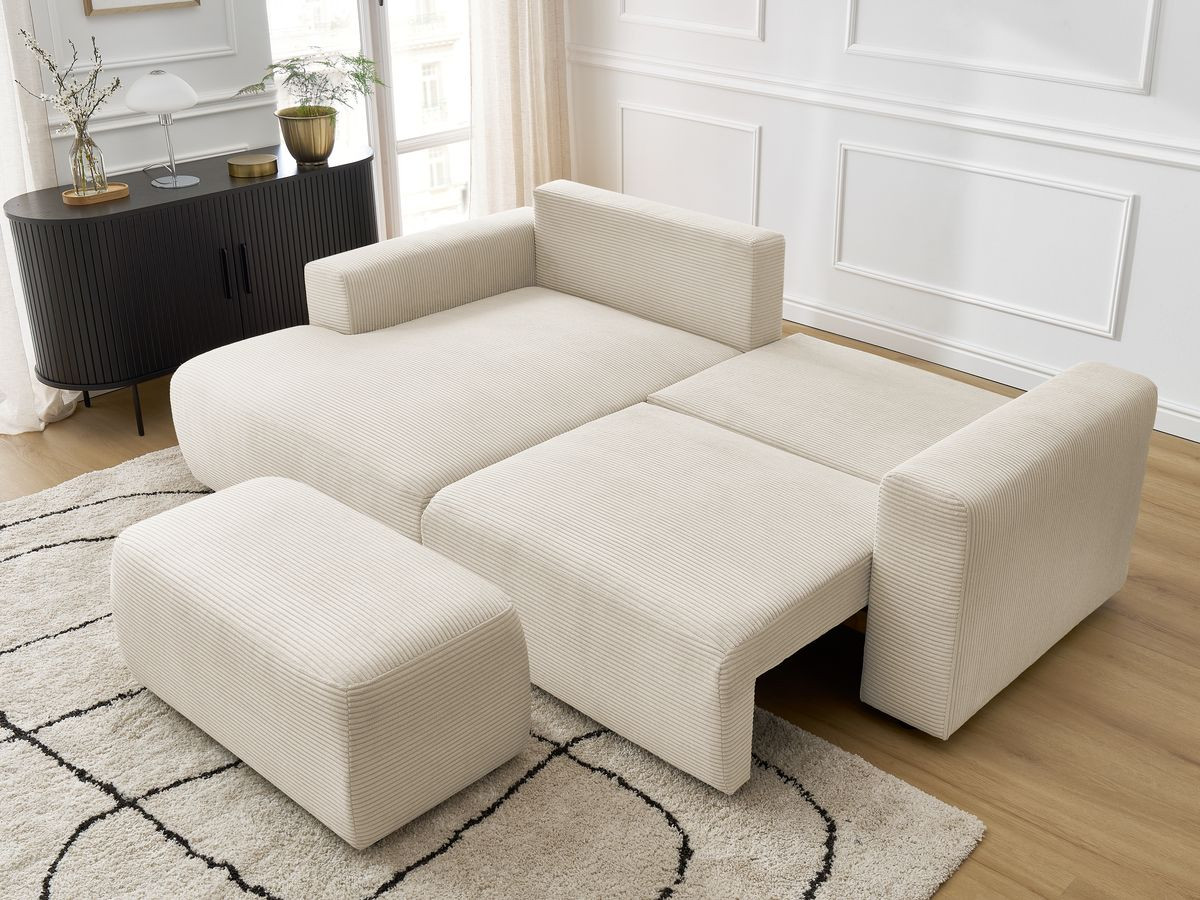 Canapé d'angle convertible coffre ATILLA velours côtelé avec pouf