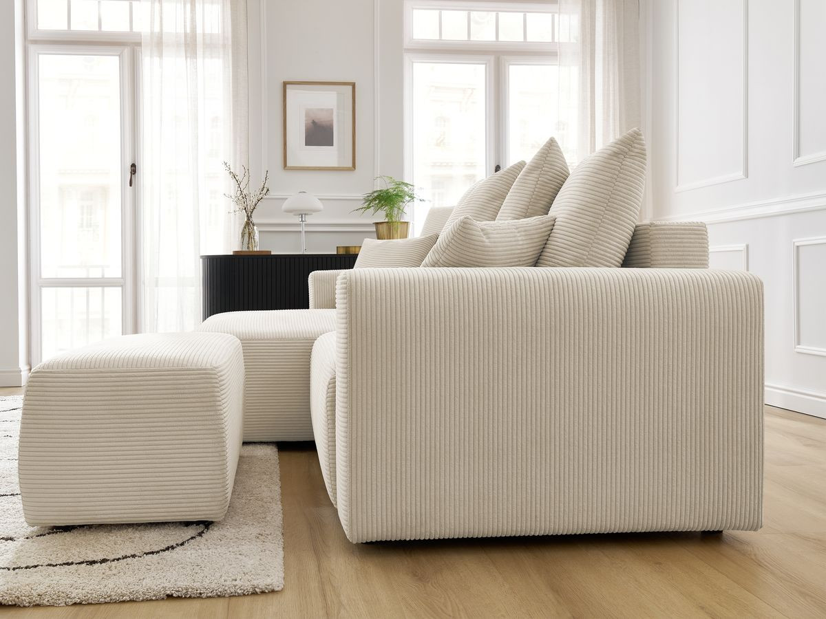 Canapé d'angle convertible coffre ATILLA velours côtelé avec pouf