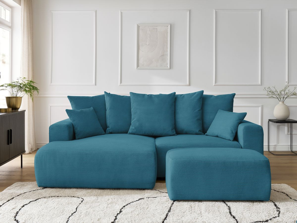 Canapé d'angle convertible coffre ATILLA velours côtelé avec pouf bleu clair angle gauche BOBOCHIC 4 places - Vue supplémentaire 3