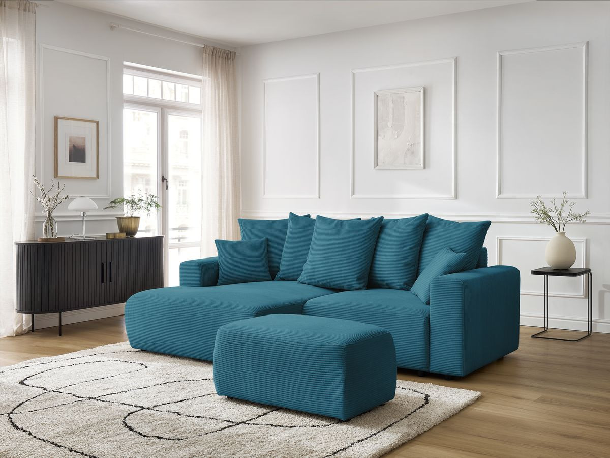 Canapé d'angle convertible coffre ATILLA velours côtelé avec pouf