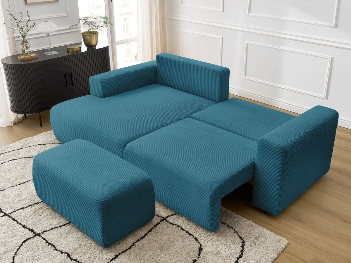Canapé d'angle convertible coffre ATILLA velours côtelé avec pouf