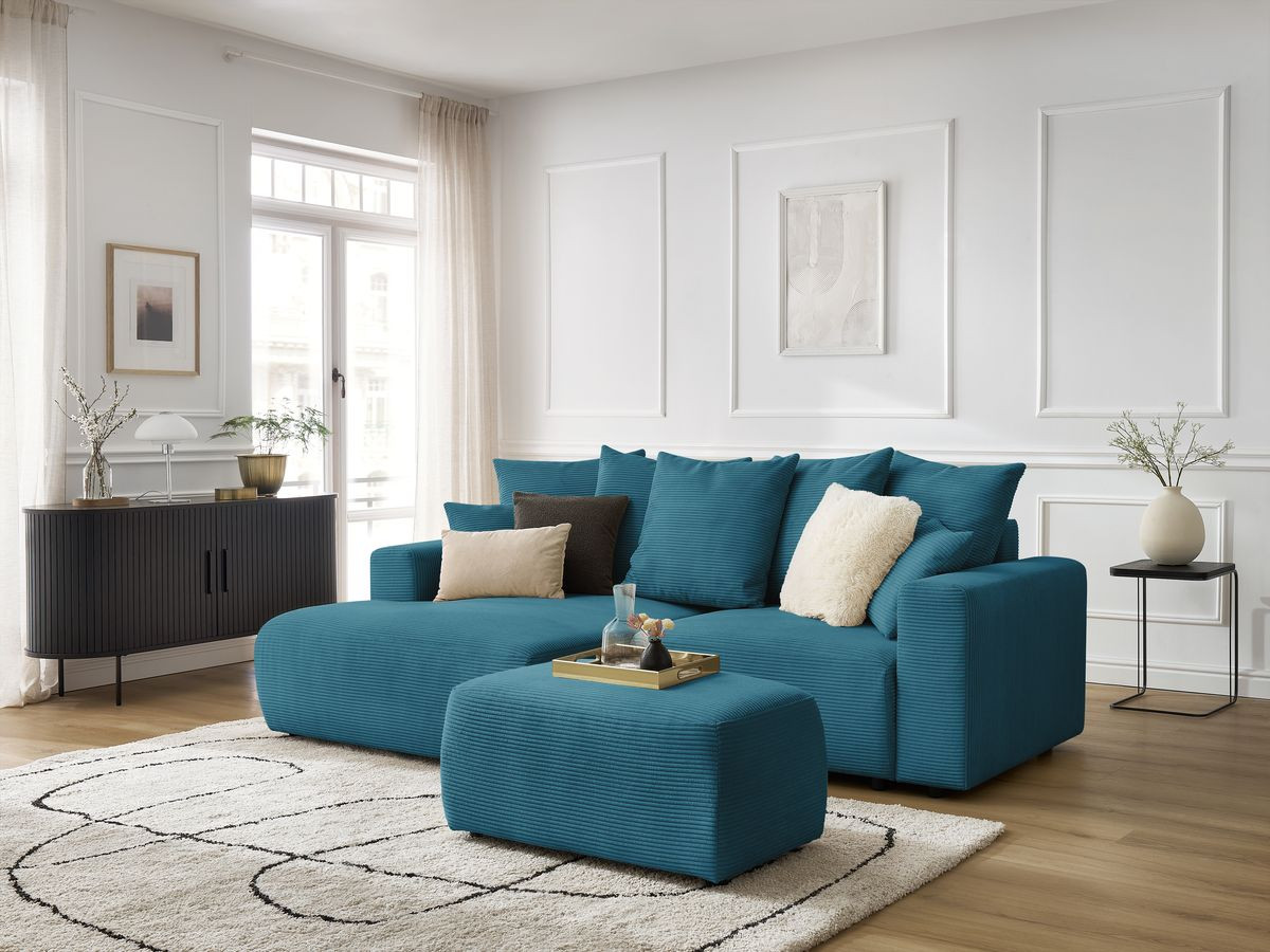 Canapé d'angle convertible coffre ATILLA velours côtelé avec pouf