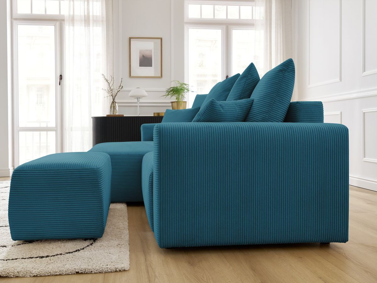 Canapé d'angle convertible coffre ATILLA velours côtelé avec pouf