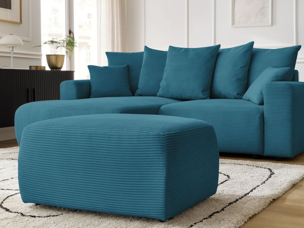 Canapé d'angle convertible coffre ATILLA velours côtelé avec pouf