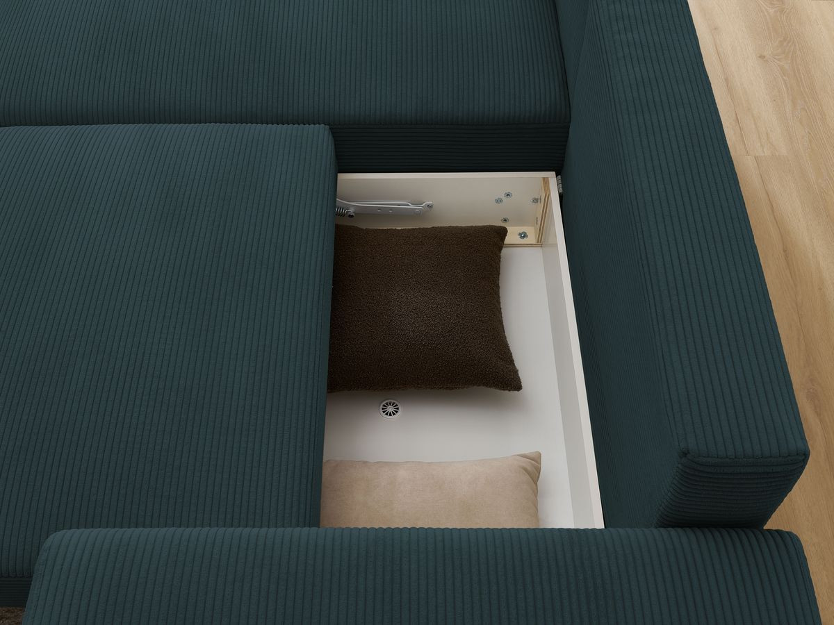 Canapé d'angle convertible coffre ATILLA velours côtelé avec pouf