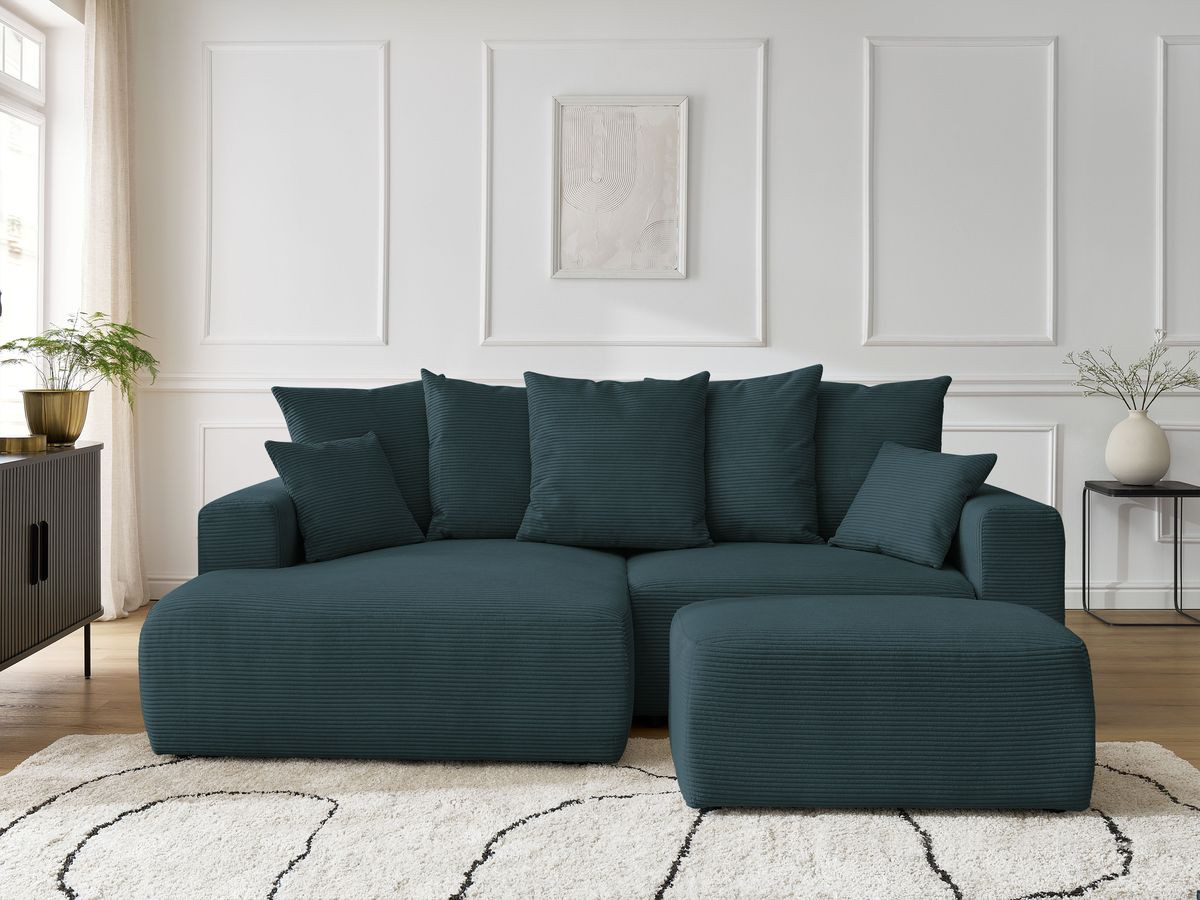 Canapé d'angle convertible coffre ATILLA velours côtelé avec pouf bleu foncé angle gauche BOBOCHIC 4 places - Vue supplémentaire 3