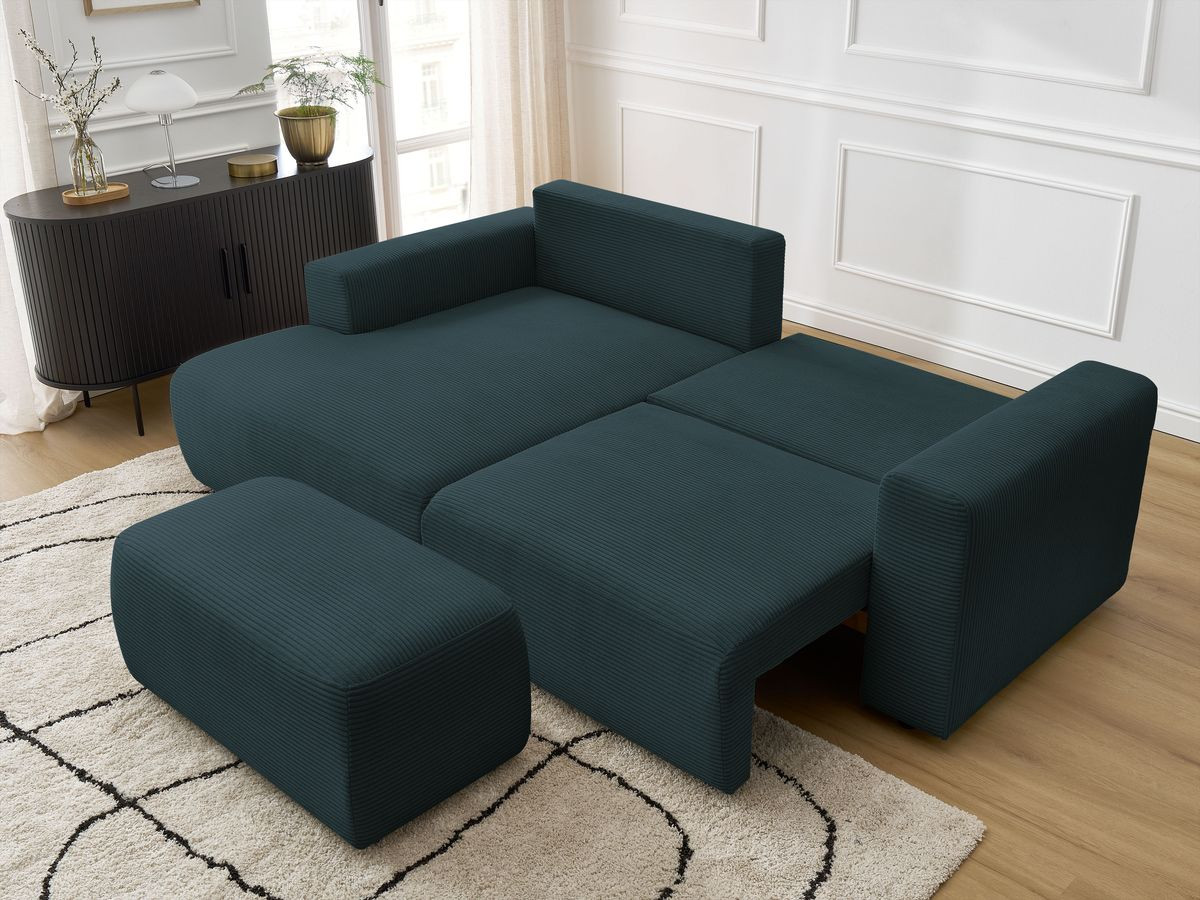 Canapé d'angle convertible coffre ATILLA velours côtelé avec pouf
