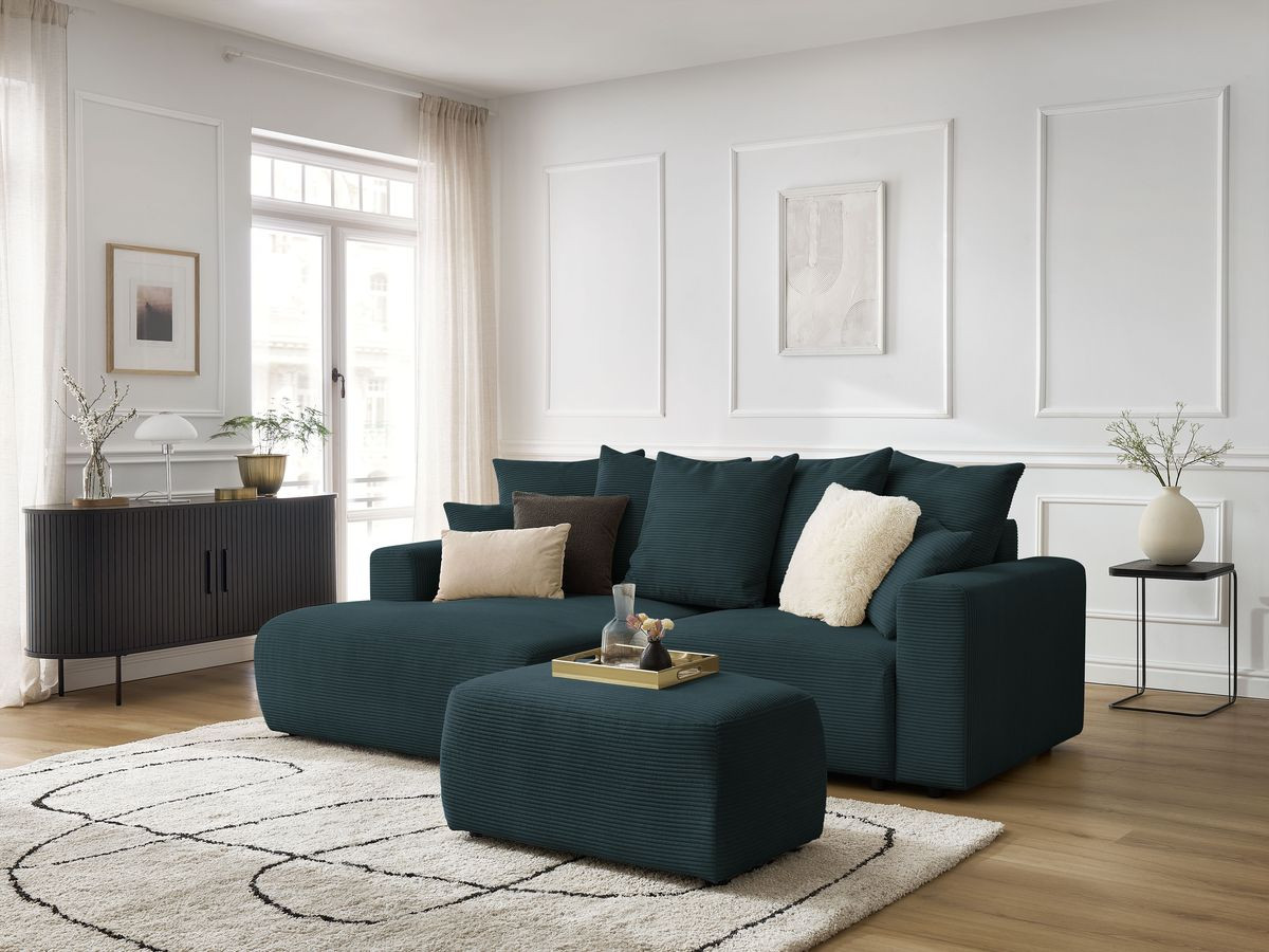 Canapé d'angle convertible coffre ATILLA velours côtelé avec pouf