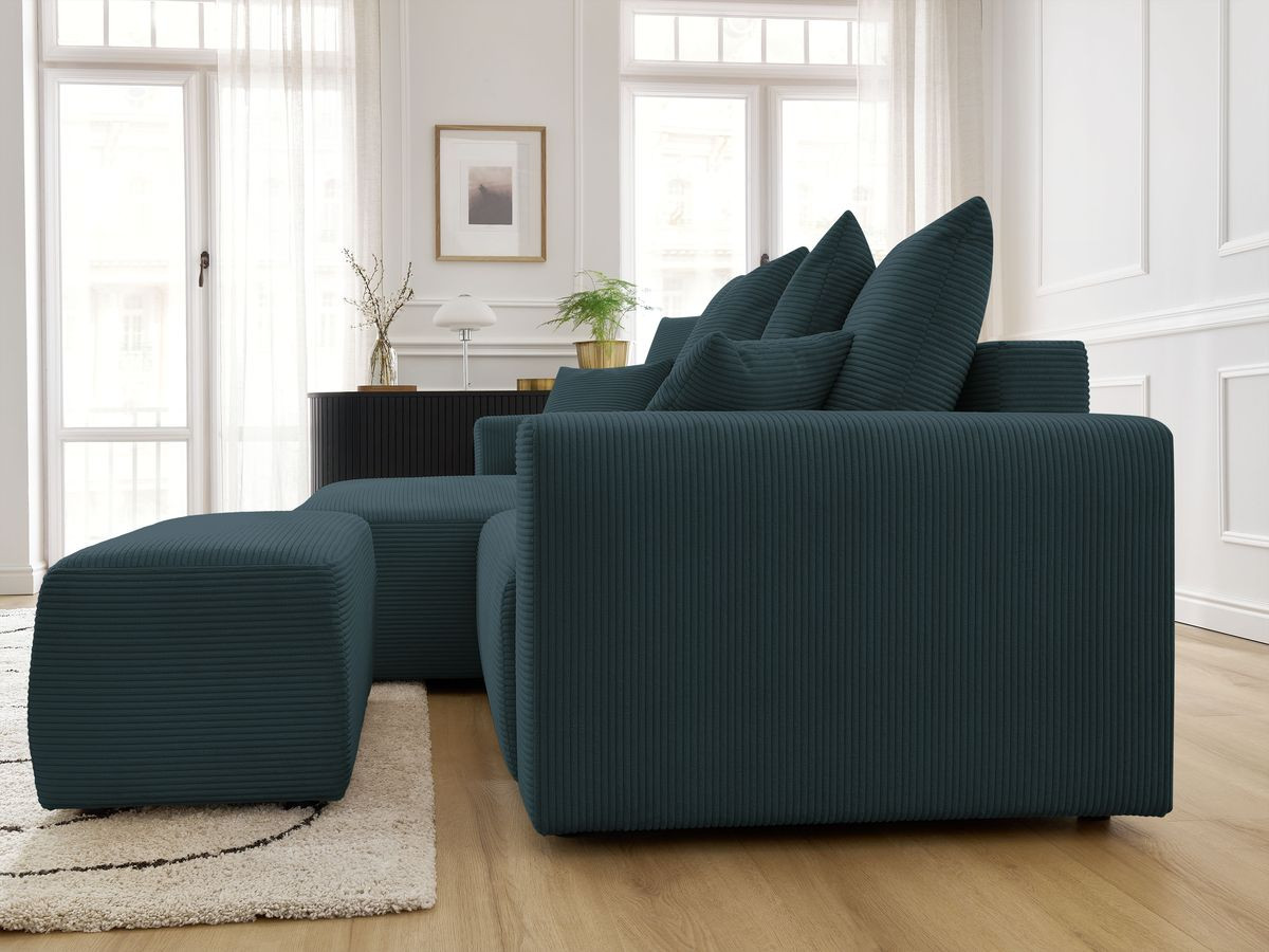 Canapé d'angle convertible coffre ATILLA velours côtelé avec pouf