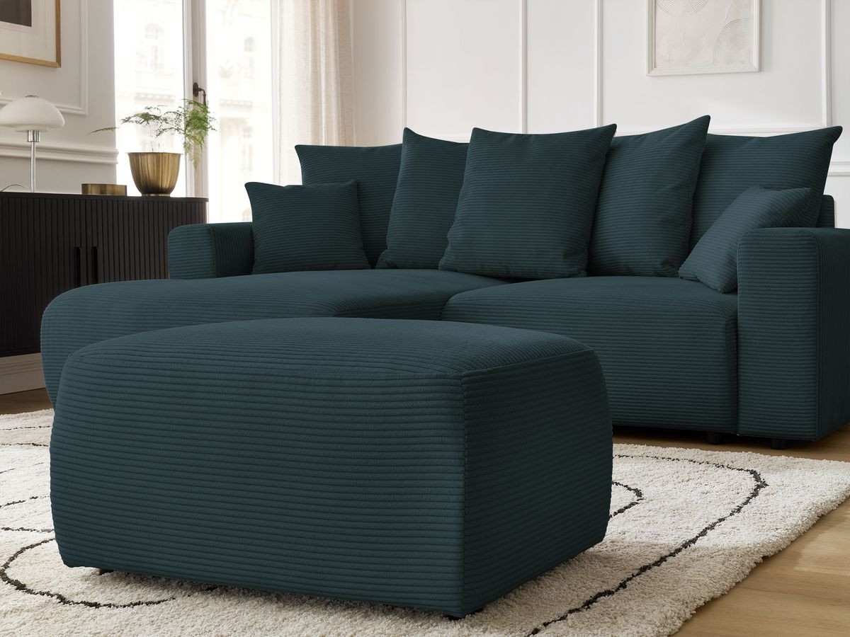 Canapé d'angle convertible coffre ATILLA velours côtelé avec pouf