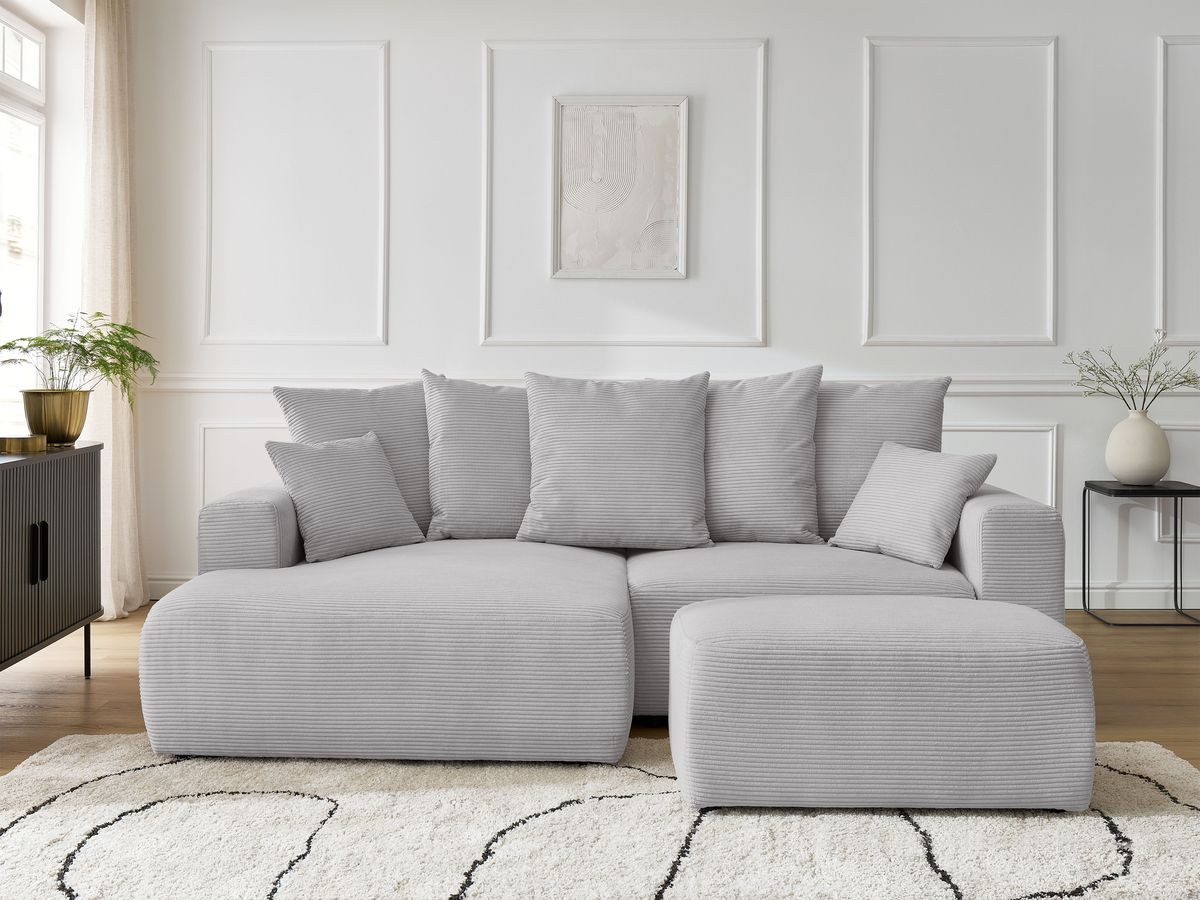 Canapé d'angle convertible coffre ATILLA velours côtelé avec pouf gris clair angle gauche BOBOCHIC 4 places - Vue supplémentaire 3