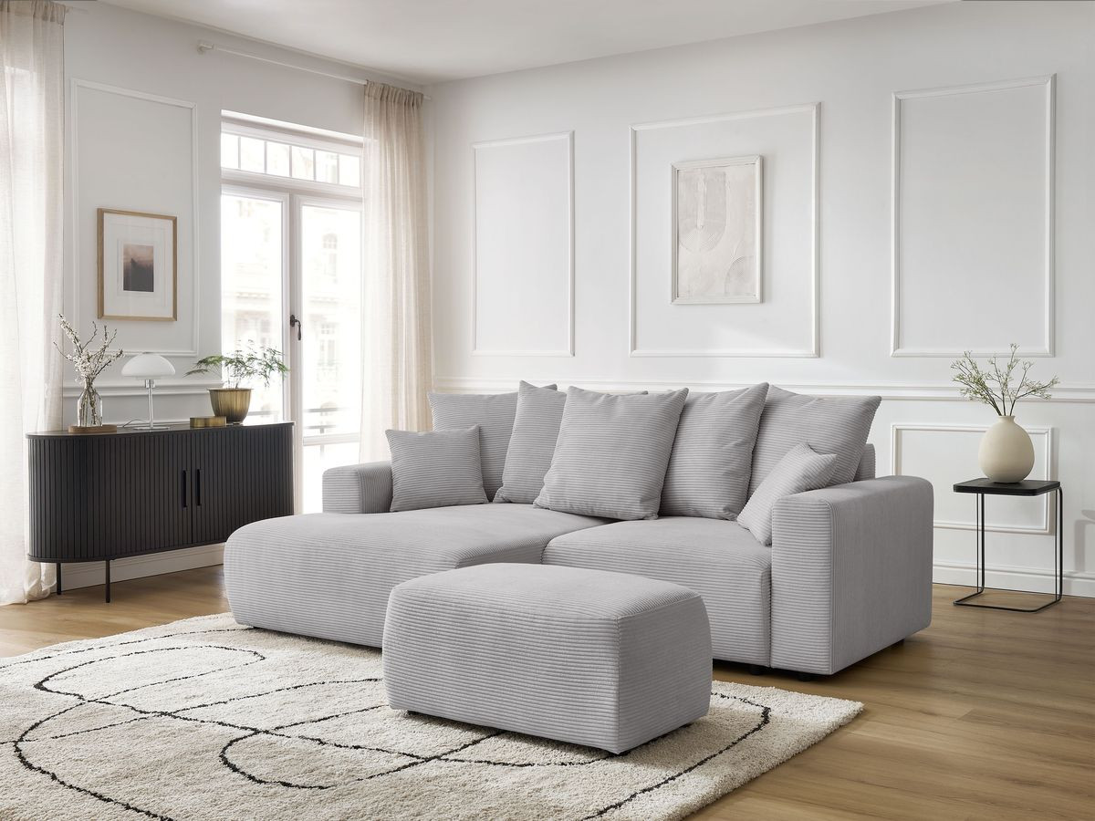 Canapé d'angle convertible coffre ATILLA velours côtelé avec pouf