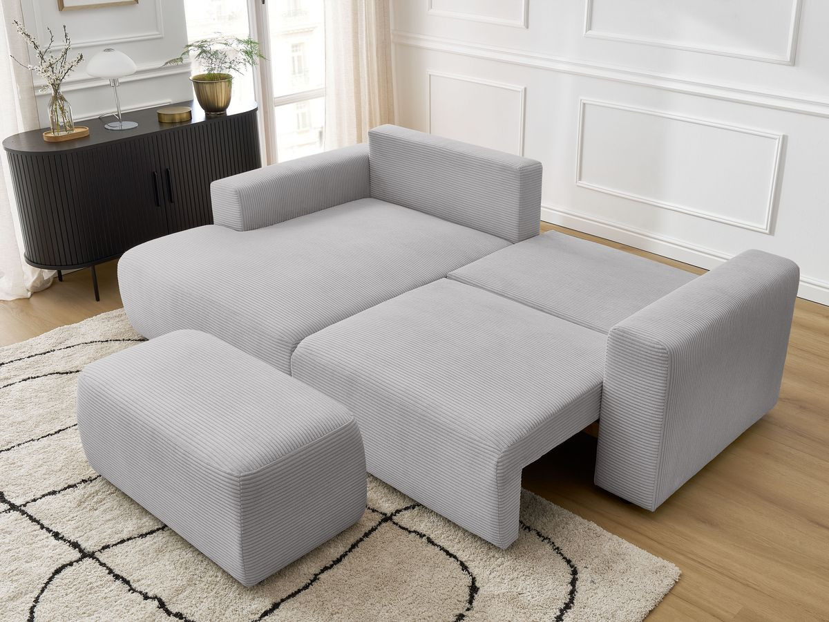 Canapé d'angle convertible coffre ATILLA velours côtelé avec pouf