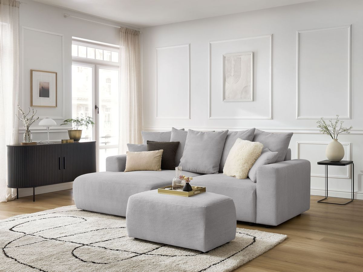 Canapé d'angle convertible coffre ATILLA velours côtelé avec pouf