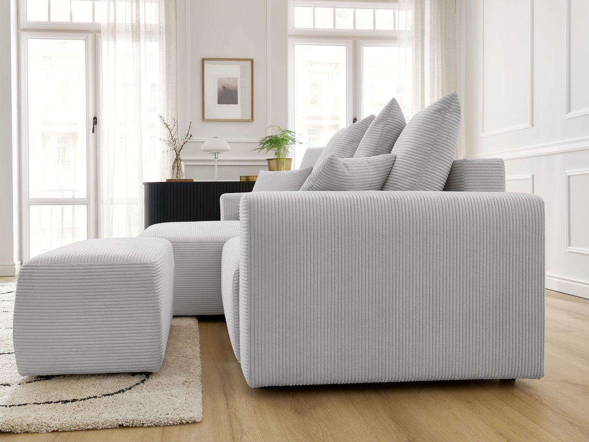 Canapé d'angle convertible coffre ATILLA velours côtelé avec pouf