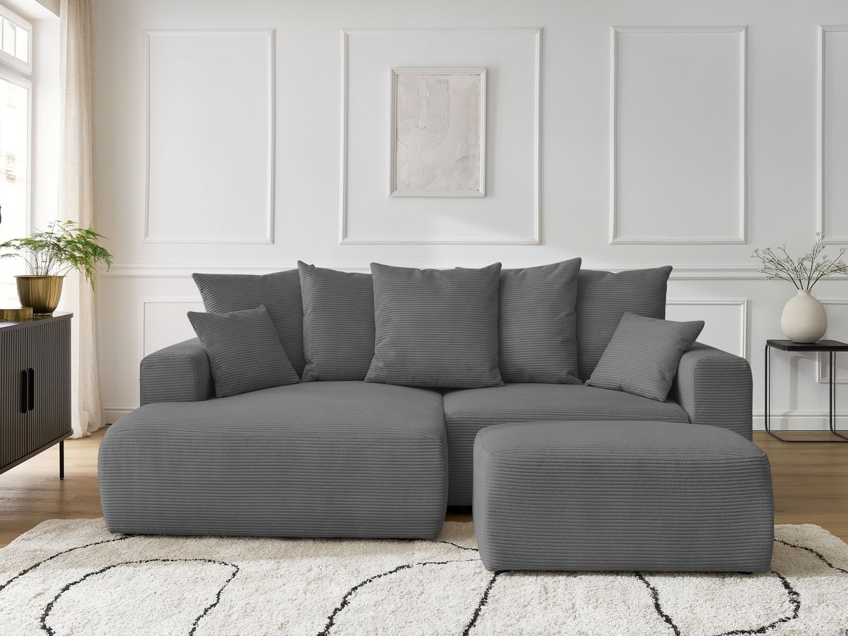 Canapé d'angle convertible coffre ATILLA velours côtelé avec pouf gris foncé angle gauche BOBOCHIC 4 places - Vue supplémentaire 3
